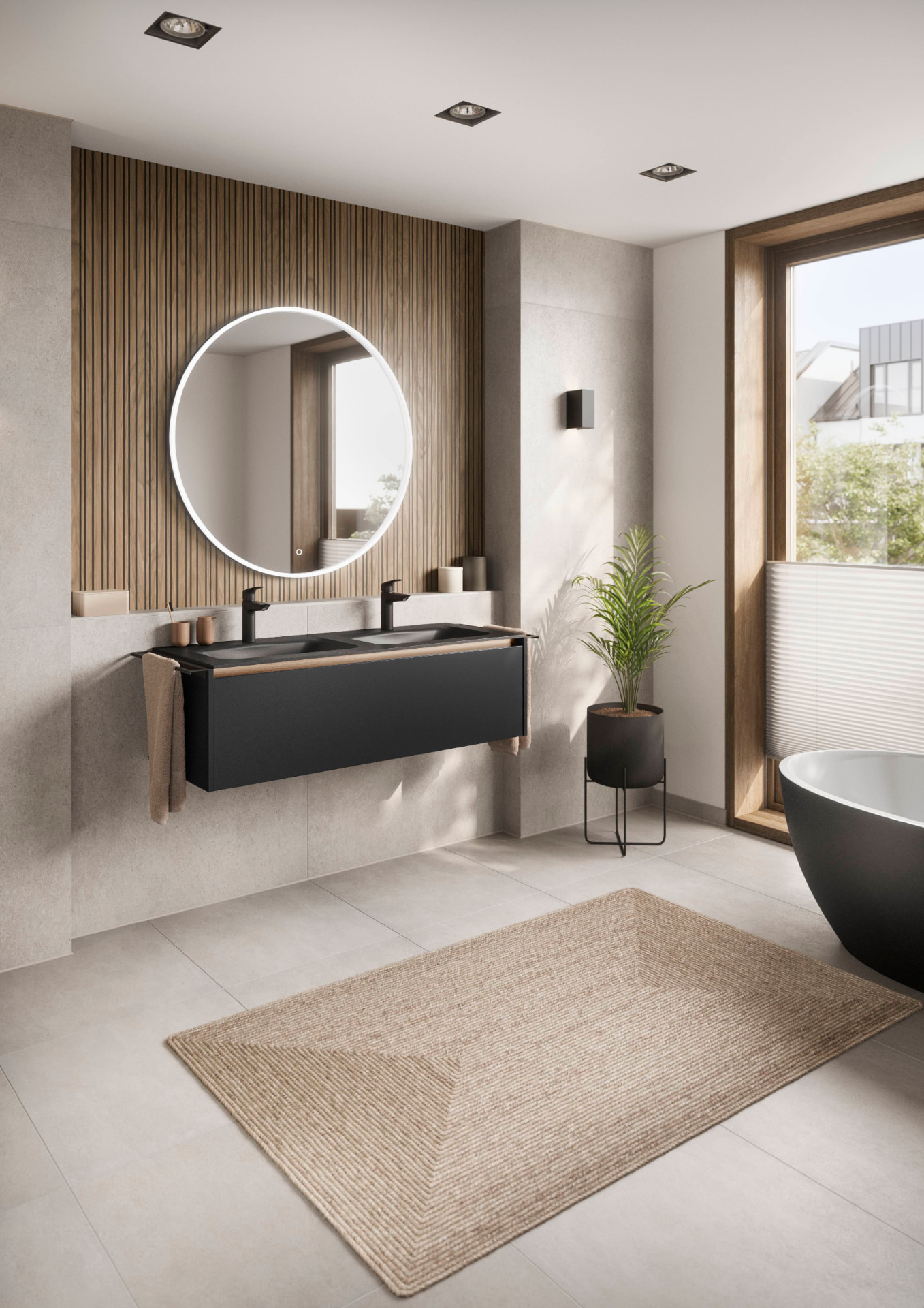 Senso 496 badkamer met ronde spiegel, dubbele wastafel en zwart bad