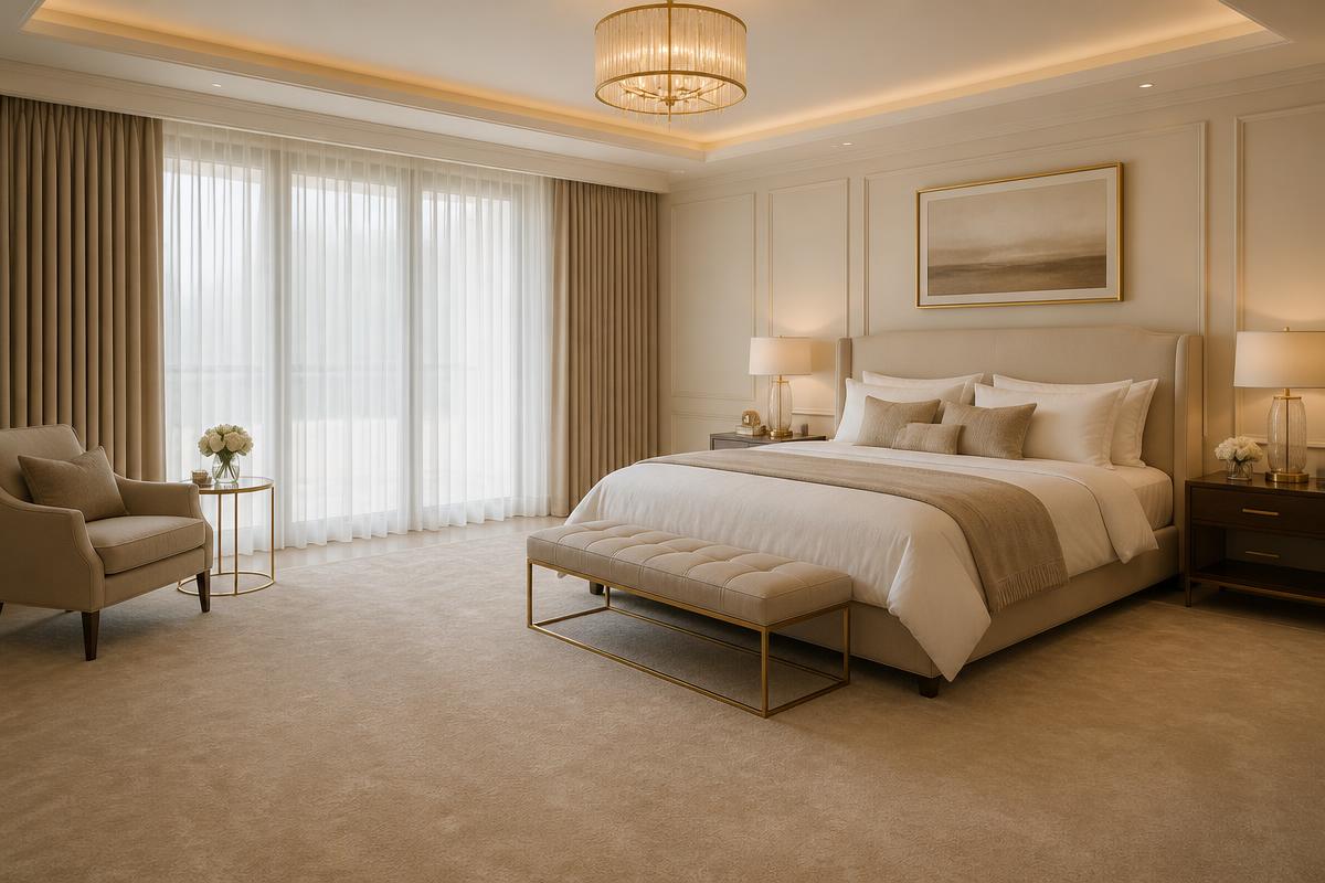 Luxe neutraal tapijt in elegante slaapkamer