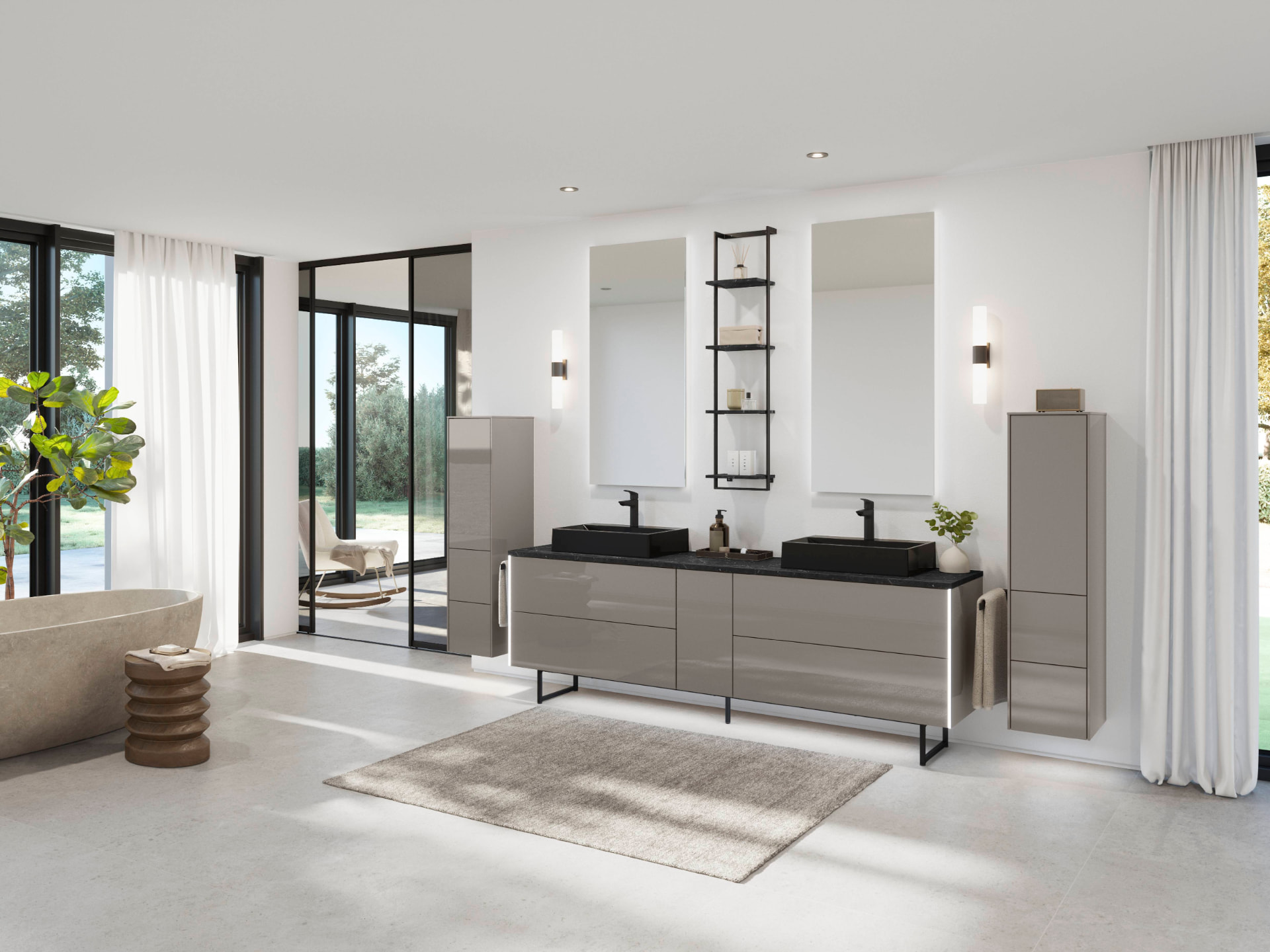 Moderne Novalux badkamer met dubbele wastafel, spiegels en gietvloer
