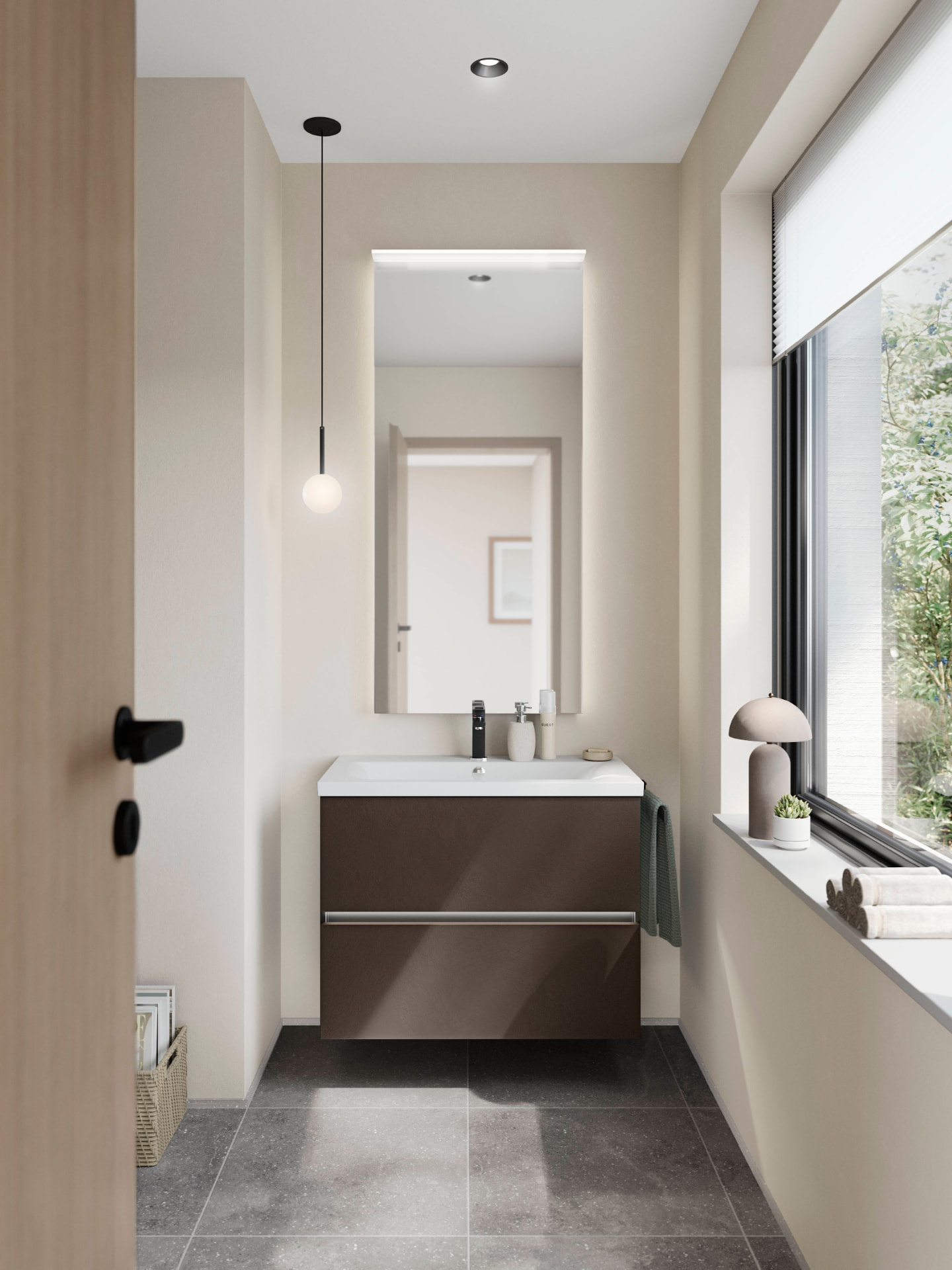 Elegant badkamerontwerp met zwevend meubel, spiegel en designverlichting