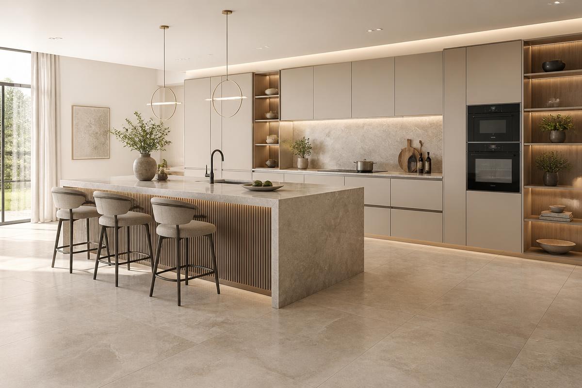 Grote keramische tegels in moderne keuken