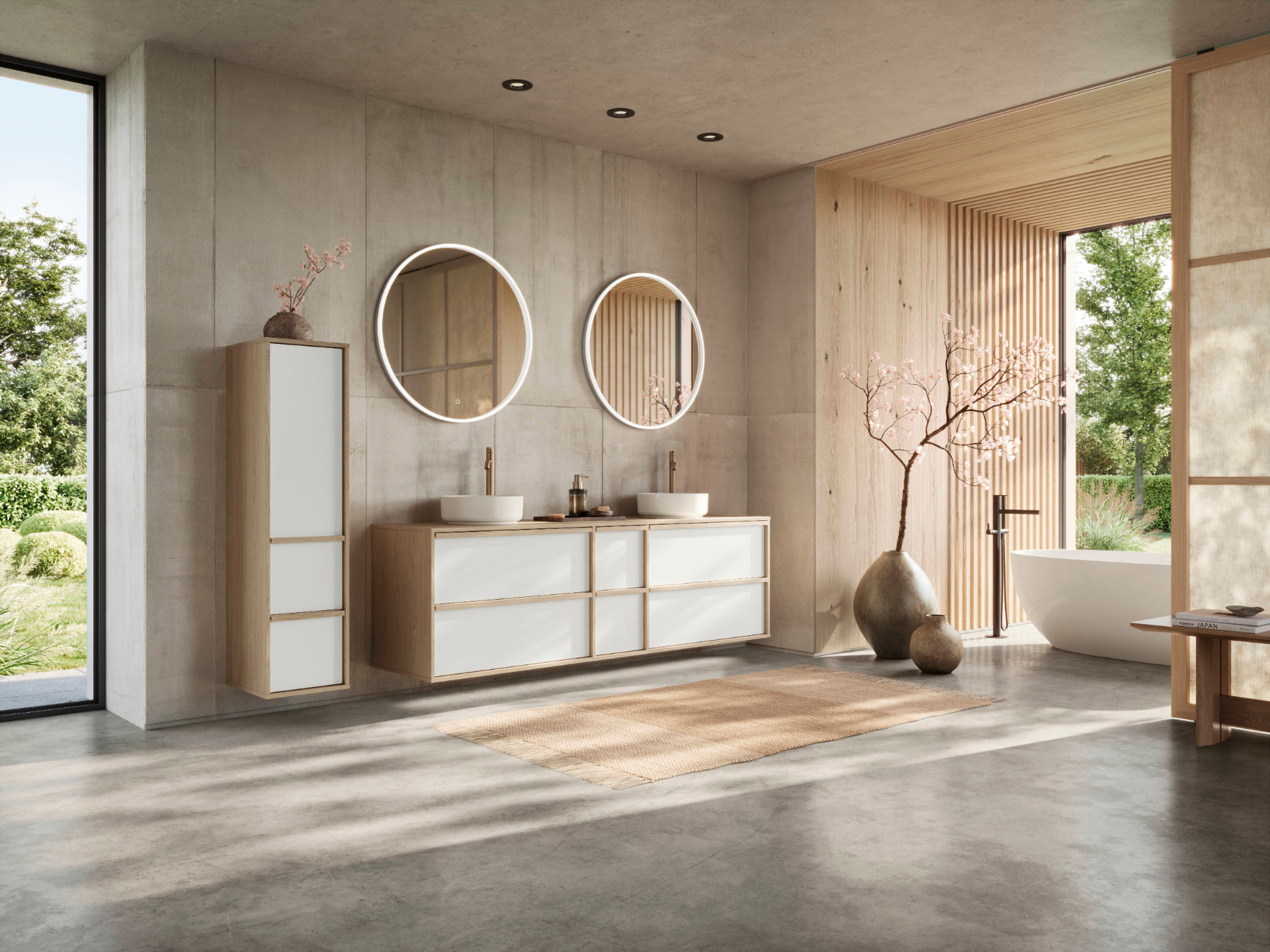 Luxe badkamer met warm hout, ronde spiegels en vrijstaand bad
